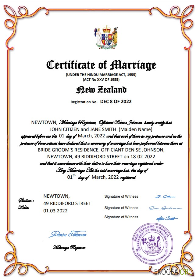 Modèle Word et PDF de certificat de mariage néo zélandais